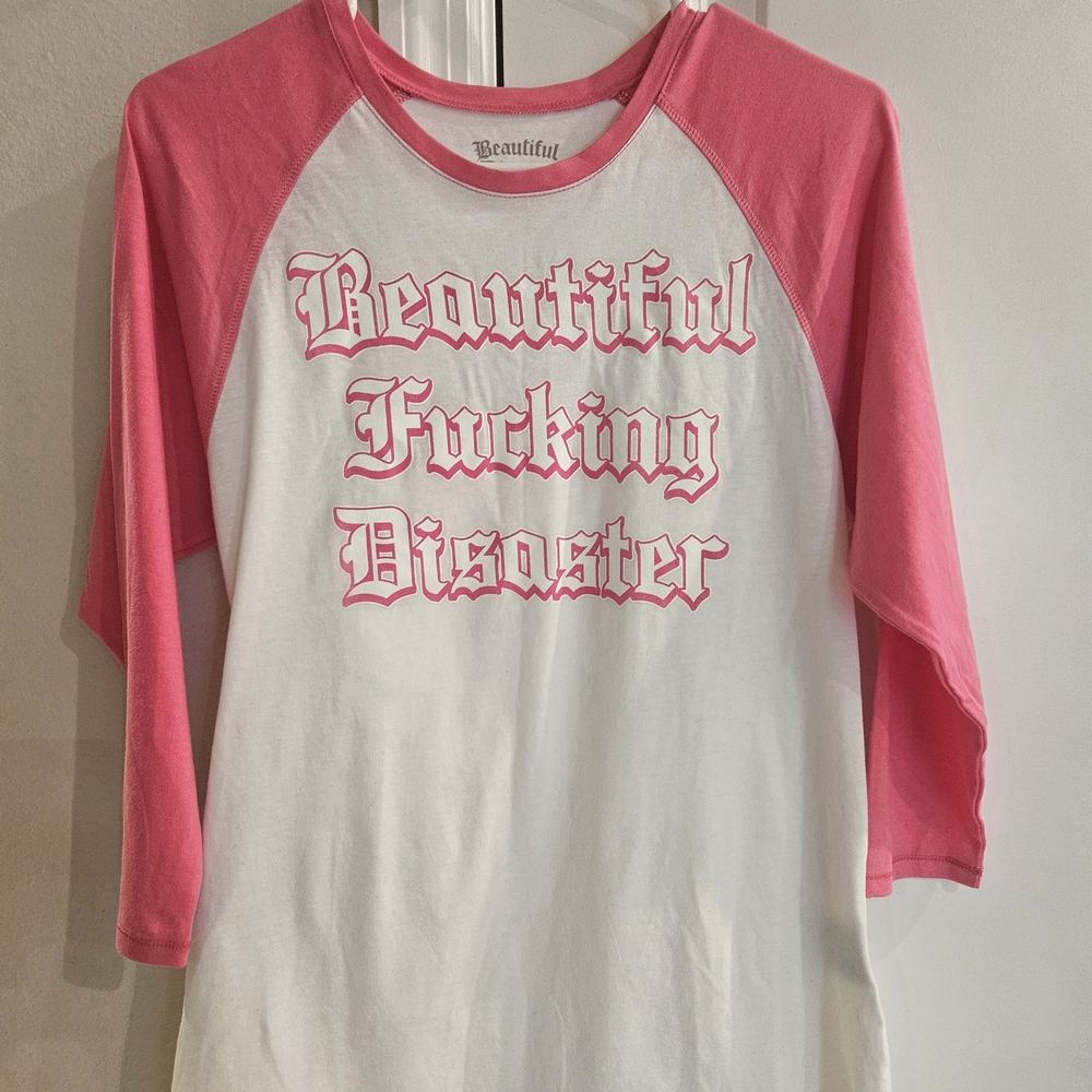 Beautiful F***ing Disaster Pink & White Raglan Long Sleeve Tee - Graphic Front